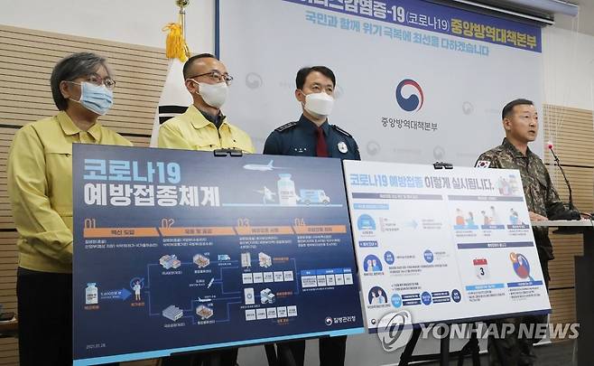 코로나19 예방접종 종합계획 발표하는 정은경 청장과 부처 관계자들 (청주=연합뉴스) 김주형 기자 = 코로나19 예방접종 대응 추진단장을 맡고 있는 정은경 질병관리청장(중앙방역대책본부장, 왼쪽부터)을 비롯한 김상봉 식약처 바이오생약국장, 경찰청 송민헌 차장, 박주경 국방부 백신수송지원본부장이 28일 오후 충북 청주시 질병관리본부에서 '코로나19 예방접종 종합계획'을 발표하고 있다. 2021.1.28 kjhpress@yna.co.kr