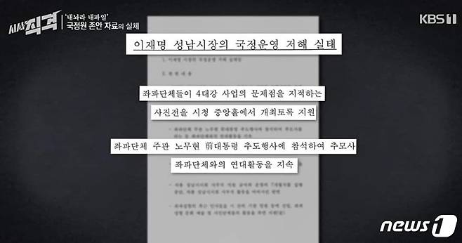 KBS ‘시사직격’에서 공개된 과거 국정원의 이재명 사찰문건(이재명 경기도지사 페이스북 캡쳐)© 뉴스1