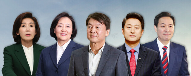 왼쪽부터 나경원 전 국민의힘 의원, 박영선 전 중소벤처기업부 장관, 안철수 국민의당 대표, 오세훈 전 서울시장, 우상호 더불어민주당 의원(가나다순). 그래픽 박민지
