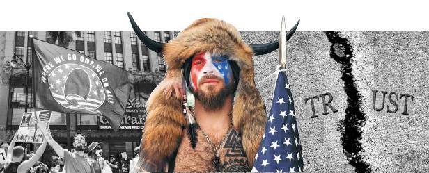 미국의 음모론 단체 큐어넌(QAnon)을 상징하는 ‘Q’가 그려진 깃발을 든 청년들이 지난해 8월 로스앤젤레스 할리우드대로에서 아동 성매매를 비판하는 시위를 하고 있다(왼쪽). 도널드 트럼프 대통령 시절 활개를 치던 미국의 극우 음모론 단체들은 조 바이든 대통령 취임 이후 구심점을 잃고 혼란에 빠졌다. 가운데는 큐어넌 열혈 활동가 제이크 앤절리. 연합뉴스·AFP·로이터·게티이미지뱅크