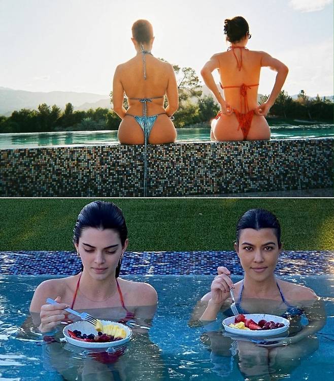 패션디자이너 코트니 카다시안(하늘색 수영복), 모델 켄달 제너(빨간색 수영복)./사진=코트니 카다시안 인스타그램