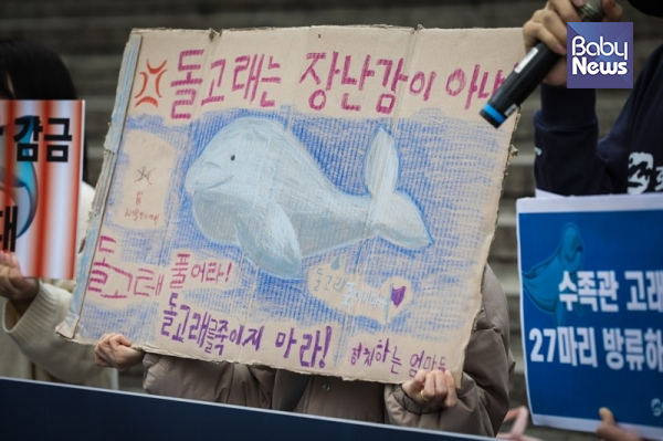 김정덕 정치하는엄마들 공동대표는 본인의 자녀와 함께 그린 '돌고래는 장난감이 아냐!' 그림을 들고 기자회견에 참석했다. 김재호 기자 ⓒ베이비뉴스