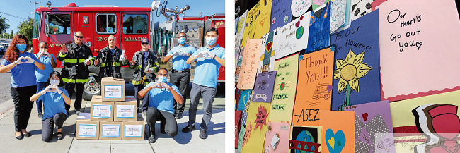 미국 샌프란시스코 ASEZ WAO 회원들이 소방관들의 노고에 고마움을 전했다(왼쪽). 미국 샌디에이고 ASEZ 회원들이 병원 의료진을 위해 작성한 응원편지들.