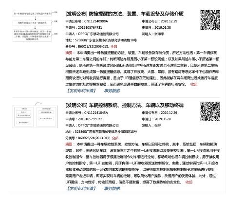 오포의 특허 출원 내역 일부 (사진=텅쉰왕)