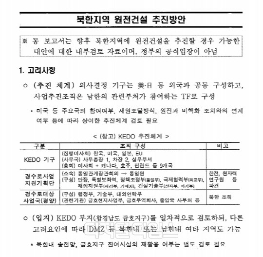 산업통상자원부가 2018년 4월 27일 작성한 '북한지역 원전건설 추진방안' 보고서 일부. <자료:산업통상자원부>