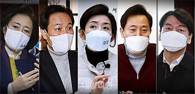 박영선 전 중소벤처기업부 장관, 우상호 더불어민주당 의원, 나경원 전 국민의힘 의원, 오세훈 전 서울시장, 안철수 국민의당 대표(왼쪽부터)ⓒ데일리안