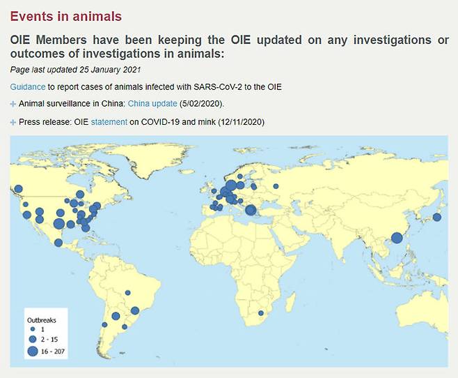 세계동물보건기구(OIE), Events in animals, https://www.oie.int/en/scientific-expertise/specific-information-and-recommendations/questions-and-answers-on-2019novel-coronavirus/events-in-animals/