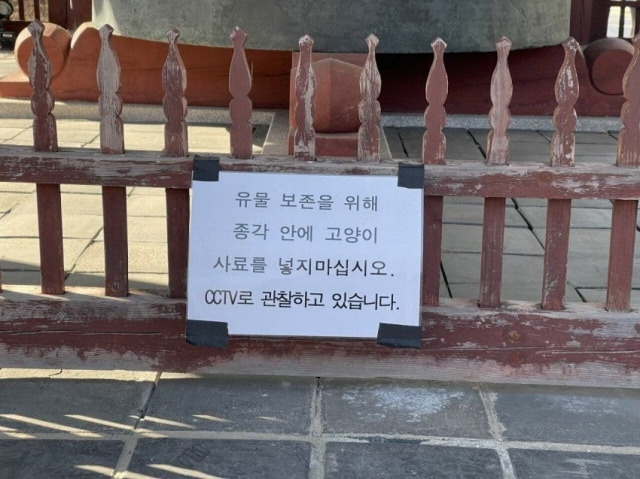 대한민국 보물로 지정된 보신각종에 고양이 사료를 넣지 말라는 경고문이 나붙었다. 온라인 커뮤니티 캡처