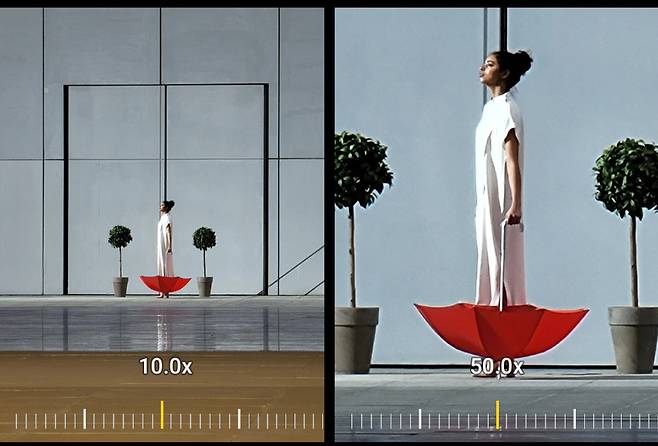 갤럭시S21울트라 모델의 카메라 줌 기능 설명 이미지. 광학 10배, 디지터러 100배 줌 기능을 지원하지만, 10배 이상으로는 확대할수록 이미지가 훼손됨을 알 수 있다. [삼성전자]