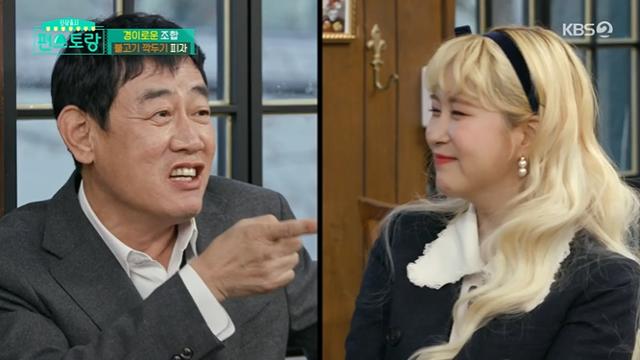 이경규(왼쪽)와 다영(오른쪽)이 KBS2 '신상출시 편스토랑'에서 티격태격 케미스트리를 자랑했다. 방송 캡처