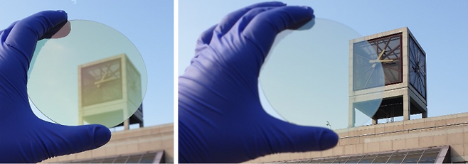 노준석 포스텍 교수팀이 가시광선 투과율이 높은 투명 실리콘을 개발하는 데 성공했다. 두께 48nm인 기존 실리콘(왼쪽)보다 연구팀이 개발한 고굴절 투명 비정질 실리콘(오른쪽)은 같은 두께에서 훨씬 투명하고 선명하게 보인다. 두께포스텍 제공