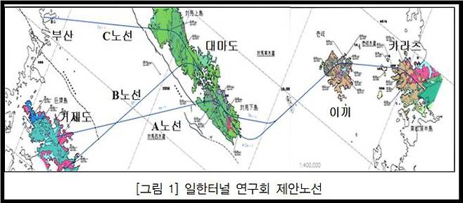 일한터널 연구회가 제안한 3개 노선. [자료 부산발전연구원]