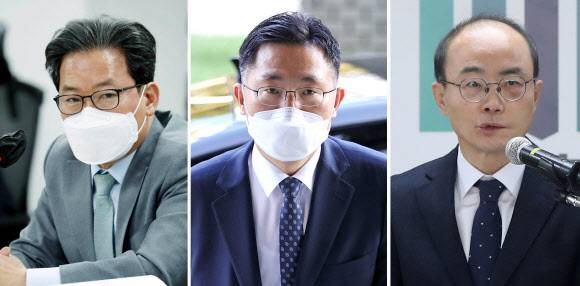 박범계 법무부 장관 취임 후 첫 검찰 정기인사가 7일 단행됐다. 심재철(왼쪽) 법무부 검찰국장은 서울남부지검장으로, 이정수(가운데) 서울남부지검장은 법무부 검찰국장으로 이동한다. 조종태(오른쪽) 춘천지검장은 공석인 대검 기획조정부장으로 자리를 옮긴다.연합뉴스