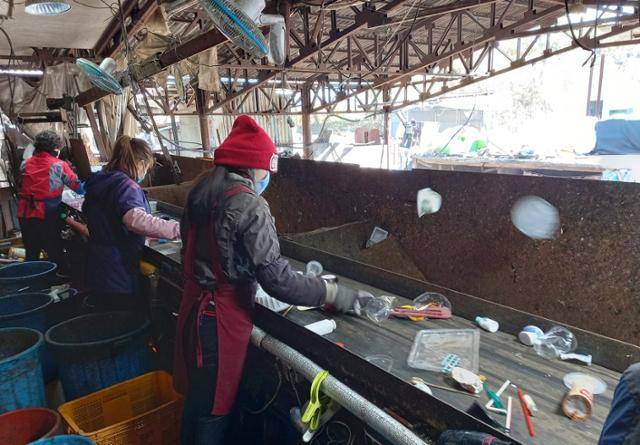 지난해 12월 한 선별업체 직원들이 컨베이어벨트에서 폐플라스틱을 선별하고 있다. 한국일보 자료사진