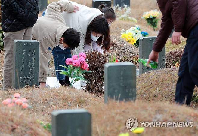 마스크 쓰고 성묘하는 시민들 [연합뉴스 자료사진]