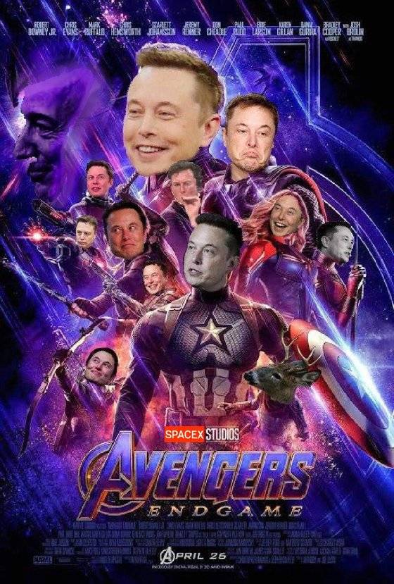 미국 온라인주식토론방 월스트리트베츠(WSB)에 올라온 일론 머스크의 밈(meme). 슈퍼 히어로 영화 '어벤저스' 포스터에 머스크의 얼굴을 합성했다. [WSB]