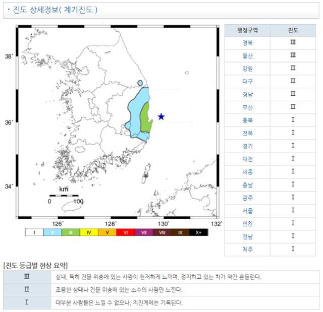 2019년 2월 10일 낮 12시 53분 38초쯤 경북 포항시 북구 동북동쪽 50㎞ 해역에서 규모 4.1의 지진이 발생한 당시 기상청의 진도 정보. 연합뉴스