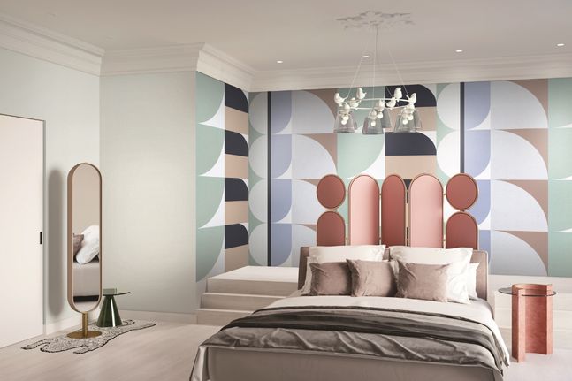 'LG지인 벽지 베스띠' 제품의 컬러블록 패턴이 적용된 침실 공간ⓒLG하우시스