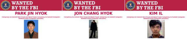 미 연방수사국(FBI)이 17일 공개한 북한 정찰총국 소속 해커 3명의 수배 명단. FBI 연합뉴스