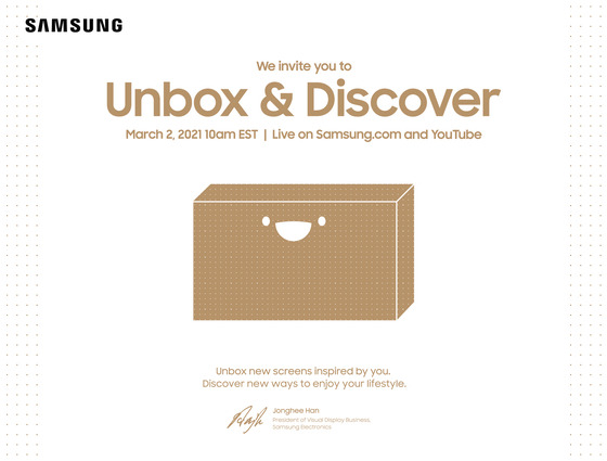 Samsung Electronics on Thursday sent an invitation to its partners, inviting them to an Unbox & Discover event where it will reveal its upcoming TV lineup on March 2. [YONHAP]