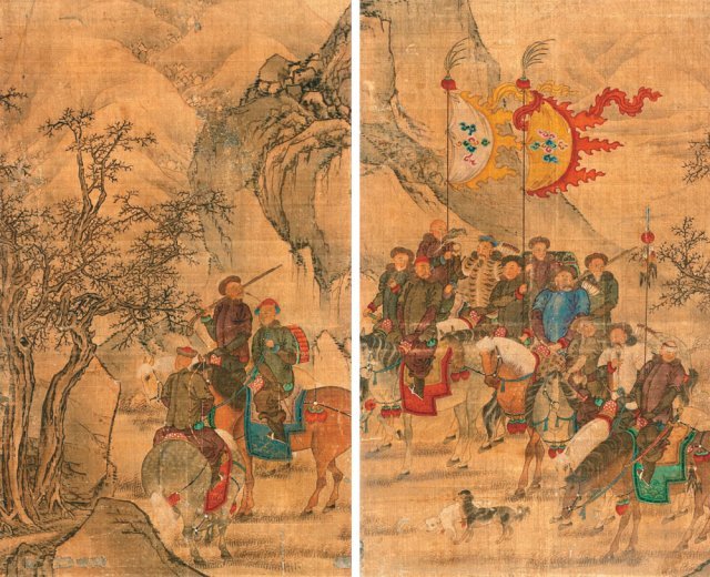 18일 국립고궁박물관에서 공개된 ‘호렵도 8폭 병풍’ 중 일부. 오른쪽 그림의 파란색 옷을 입은 인물이 건륭제로 추정되는 중국 청나라 황제다. 옷에 하얀 용이 그려져 있다. 문화재청 제공