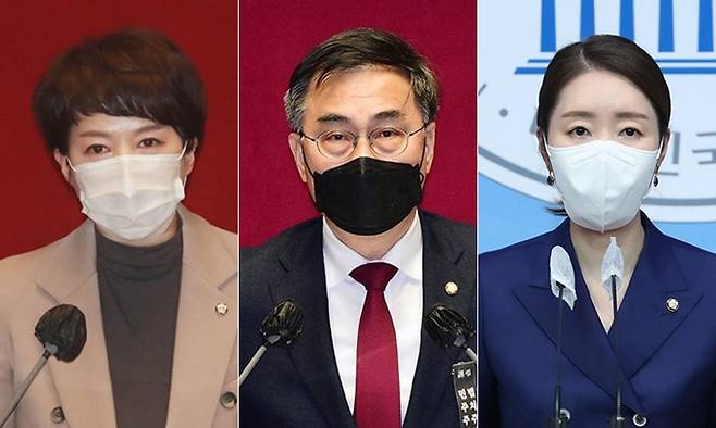 국민의힘 김은혜 대변인(왼쪽부터), 최형두 대변인, 더불어민주당 강선우 대변인. 연합뉴스