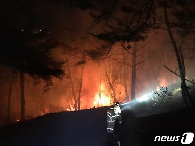 21일 오후 경북 안동시 임동면 망천리의 한 야산에서 원인을 알 수 없는 화재가 발생해 소방대원들이 진화작업을 벌이고 있다. (산림청 제공) 2021.2,21/뉴스1 © News1 민경석 기자