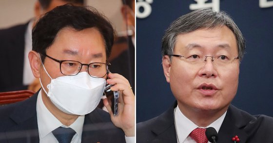 박범계 법무부 장관(왼쪽)과 신현수 청와대 민정수석. 연합뉴스·뉴스1