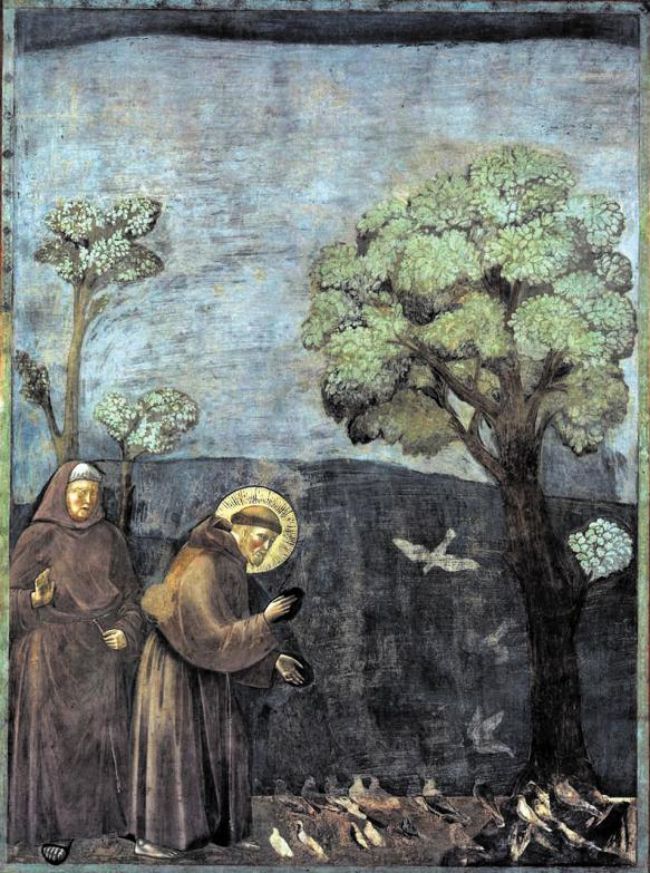 아시시의 성 프란체스코 대성당에 있는 벽화‘새들에게 설교하는 성 프란체스코’. 중세 말 피렌체 출신의 화가 조토 디 본도네(1267~1337)의 작품으로 동물까지 공동체의 구성원으로 포용해 기독교의 가치인 사랑을 설파하는 성인의 모습을 그렸다. /위키피디아