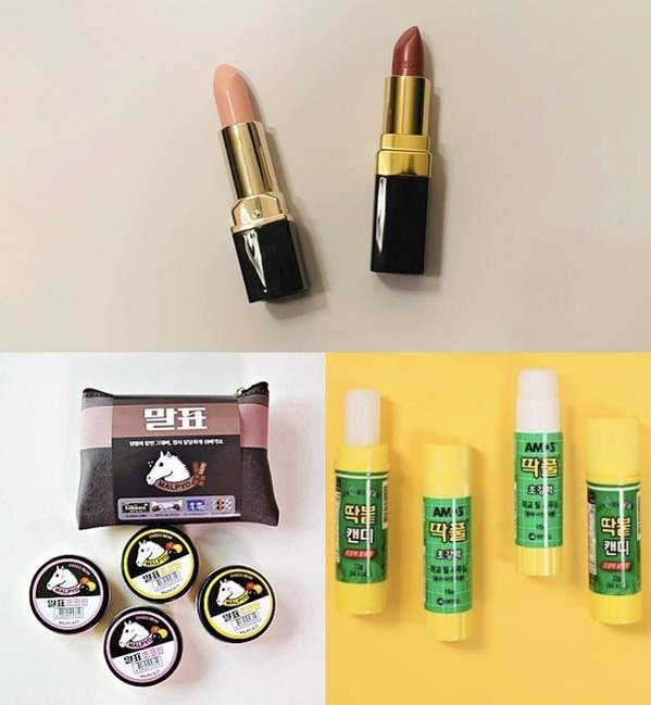 어떤 게 진짜일까? 립스틱 사탕(윗줄 왼쪽)과 진짜 립스틱, 딱풀 캔디와 딱풀, 말표 초콜빈.(윗줄부터 시계방향)./세븐일레븐, CU