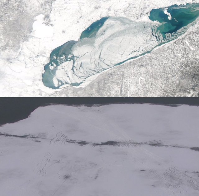 얼어붙은 이리호 위성사진(위)과 균열이 생긴 이리호의 얼음.