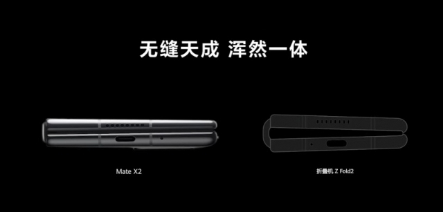 화웨이는 폴더블폰 메이트X2를 공개하며 갤럭시Z폴드2와 자사 제품을 비교했다. 화웨이 메이트X2(왼쪽)와 갤럭시Z폴드2(오른쪽). [유튜브 ‘Huawei Mobile’ 채널]
