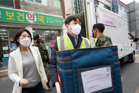 25일 오전 10시50분쯤 서울 동대문구보건소에 코로나19 백신 수송차량이 도착했다.[동대문구 제공]