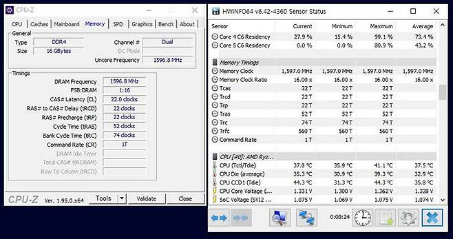 메모리 관련 정보가 표기된 프로그램, 좌측이 CPU-Z, 우측이 HWINFO. 출처=IT동아
