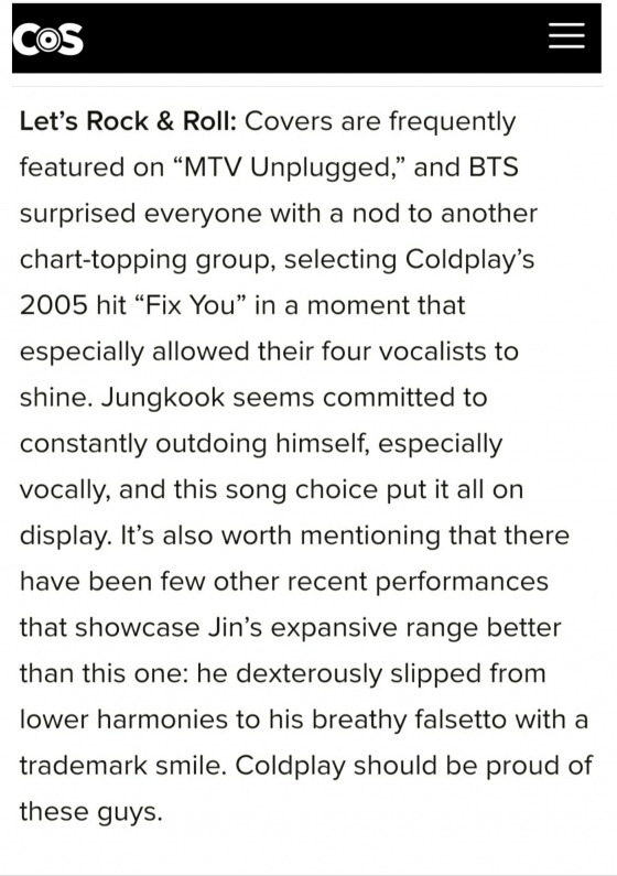 BTS Bring the Fire and Set the Night Alight on MTV Unplugged /사진=CoS(Consequence of Sound)