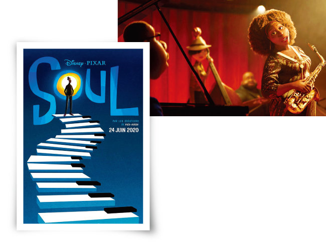 영화 ‘소울’ 포스터 (왼쪽)와 재즈를 연주  중인 영화 ‘소울’의  주인공들. [사진 제공 · 네이버 영화]