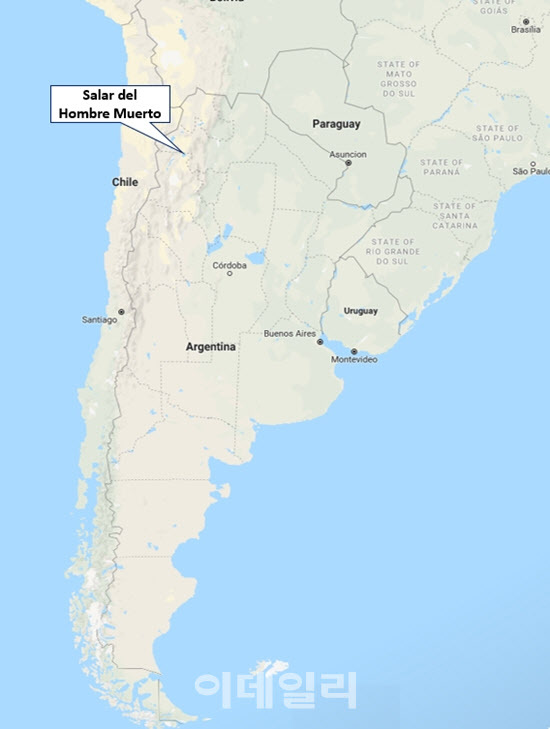 포스코가 2018년 인수한 아르헨티나 ‘옴브레 무에르토’ 호수 위치도. 포스코 제공.