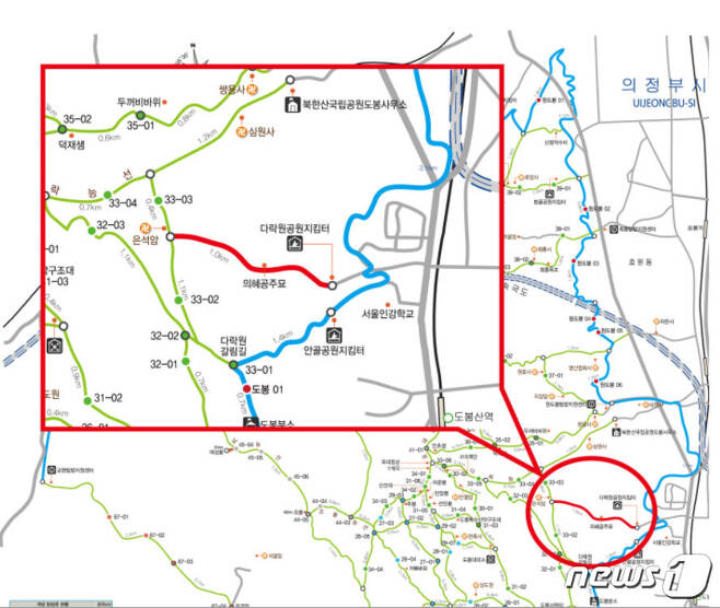 북한산국립공원 봄철 산불예방 위해 출입이 통제되는 구간. 통제구간(빨간색)인 원 안의 탐방로를 확대한 지도. © 뉴스1