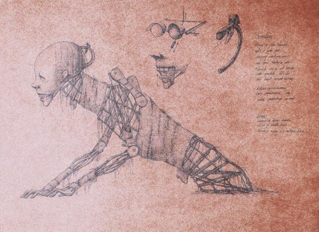 '파우스트 엔딩'에 등장하는 퍼펫 '호문쿨루스'의 스케치. 인간의 얼굴을 하고 있지만 불완전한 존재로, 인간의 비뚤어진 이성과 욕망을 상징한다. 국립극단 제공