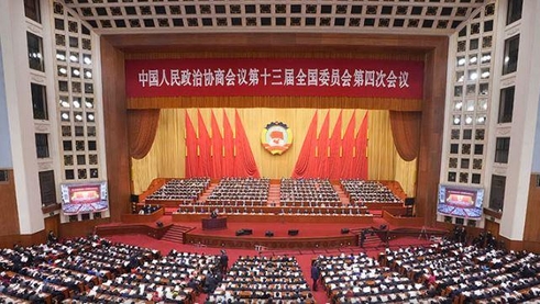 중국 전국인민정치협상회의(정협) 제13기 전국위원회 제4차 회의가 4일 베이징 인민대회당에서 개막했다. 시진핑 중국 국가주석이 주석단 가운데 앉아 있다. /신화사 연합뉴스