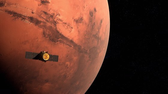 UAE의 화성 탐사선이 화성 궤도에 진입하는 모습을 담은 일러스트. 사진 MBRSC