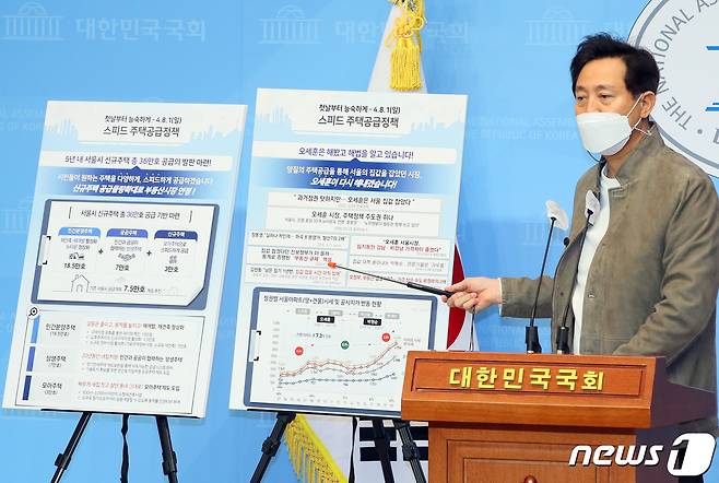 오세훈 국민의힘 서울시장 예비후보가 9일 서울 여의도 국회 소통관에서 부동산 주택공급 정책 공약을 발표하고 있다. 2021.2.9/뉴스1 © News1 신웅수 기자