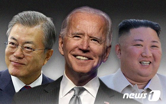 왼쪽부터 문재인 대통령, 조 바이든 미국 대통령, 김정은 북한 국무위원장의 모습. 사진=뉴스1.