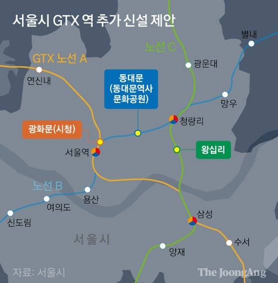 서울시 GTX 역 추가 신설 제안. 그래픽=박경민 기자 minn@joongang.co.kr