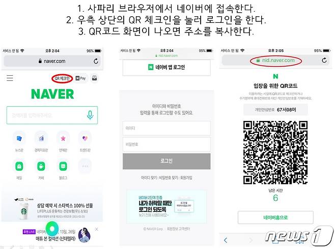 아이폰 QR체크인 손쉽게 하는법. ①사파리에서 네이버에 접속한 뒤 로그인 후 QR코드 페이지의 주소를 복사한다. © 뉴스1