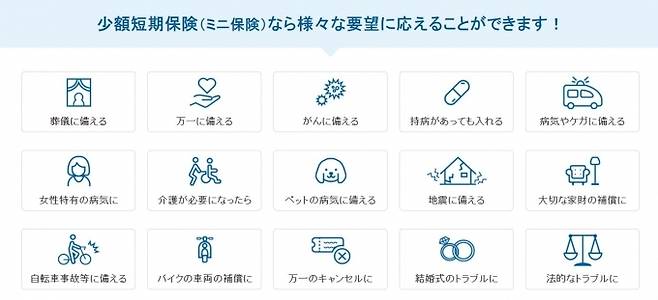 일본 소액단기보험사 호켄 이치바의 소액보험상품들. 사진=호켄 이치바