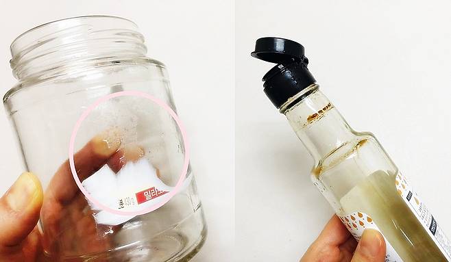 라벨 떼기가 어려운 잼통(좌), 유리병과 플라스틱 뚜껑의 분리가 안되는 식초병(우)