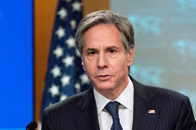 US Secretary of State Antony Blinken speaks during a press briefing at the State Department in Washington on Feb. 26, 2021 in this photo released by the Associated Press. (AP-Yonhap)