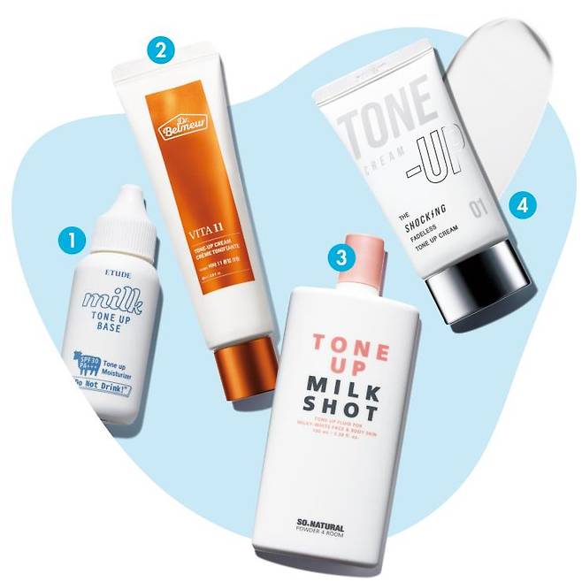 1 에뛰드 밀크 톤업 베이스 1만5천원. 연유처럼 퓨어한 컬러의 톤업 베이스! 산뜻한 마무리감이라 끈적임을 극혐하는 모태 보송파에게 강추. 2 닥터벨머 비타11 톤업 크림 3만2천원. 자연스러운 톤업과 브라이트닝 효과를 선사하는 촉촉한 마무리감의 톤업 크림! 3 쏘내추럴 톤 업 밀크 샷 2만3천원. 묽은 로션처럼 살짝 흐르는 점도의 제형이라 발림성이 좋으며, 끈적임이 없어 보디 피부에 바르기에 좋다. 4 토니모리 더 쇼킹 파데리스 톤업크림 #밀키톤 1만3천8백원. 비타민이 함유된 밀크빛의 톤업 크림으로, 로션과 크림 사이 질감이라 겉은 보들, 속은 촉촉하게 마무리된다.