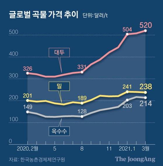 글로벌 곡물 가격 추이. 그래픽=신재민 기자 shin.jaemin@joongang.co.kr